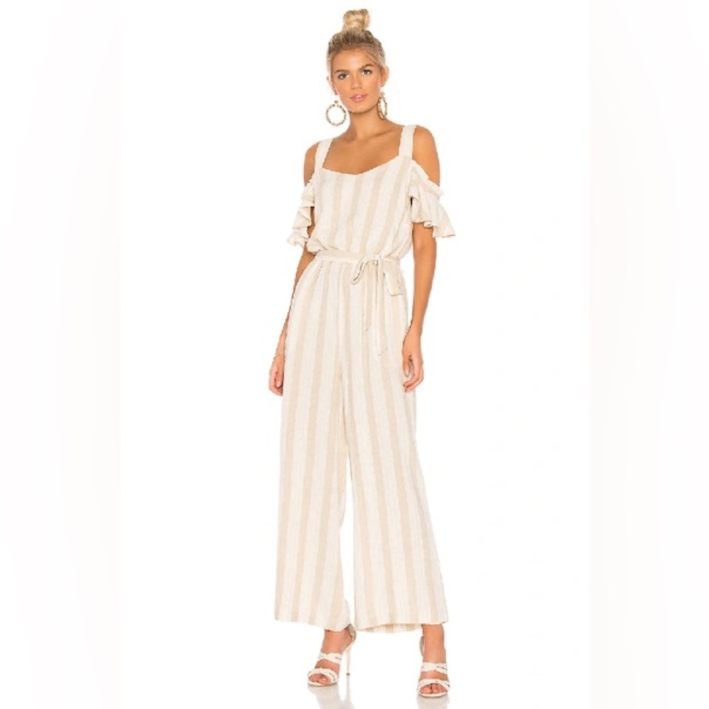 Sanctuary Striped Cold Shoulder Linen Jumpsuit in Beige Stripes XS